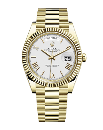 Rolex Day-Date 40 Presidential White dial, Fluted Bezel, President bracelet, Yellow gold Watch